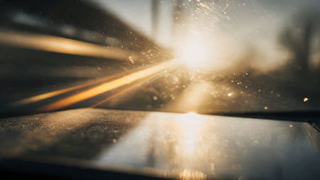 Abstract image of a bright light burst with rays and dust particles on a dark, reflective surface.の素材
