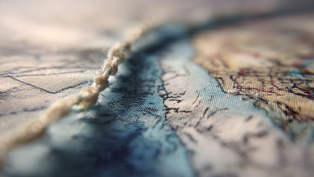 Close-up of an abstract map with a rope running across it, creating a unique and textured background.の素材