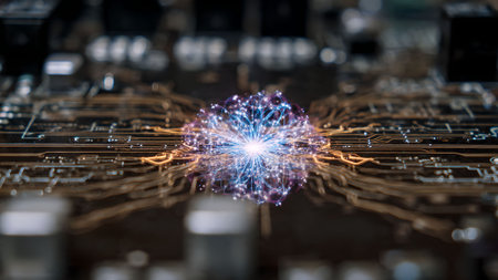 AI brain on circuit board with neural network. Artificial intelligence, machine learning and future technology concept.の素材