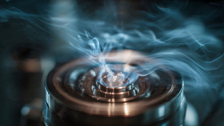 Close-up of blue smoke rising from a metallic device, symbolizing energy, innovation, and scientific research.の素材