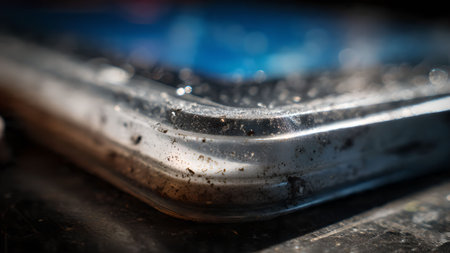 Macro shot of a modern smartphone screen with a metallic frame, showing details and reflections.の素材