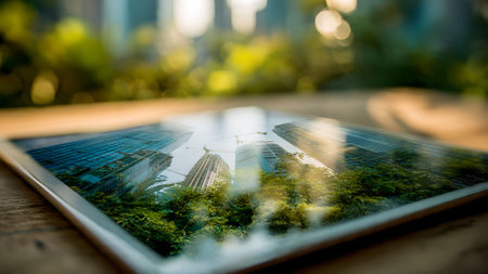 Modern tablet reflecting a cityscape with green trees, blending technology with nature for a contemporary feel.の素材