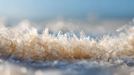 Close-up of delicate ice crystals formed on a surface, showcasing winter's intricate beauty. Macro shot of frozen water.の素材