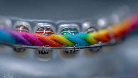 Close-up of dental braces with vibrant rainbow elastic band. Orthodontic treatment for straight teeth and confident smile.の素材
