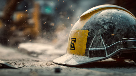 Close-up of a yellow hard hat on the ground at a construction site, symbolizing safety and industry.の素材