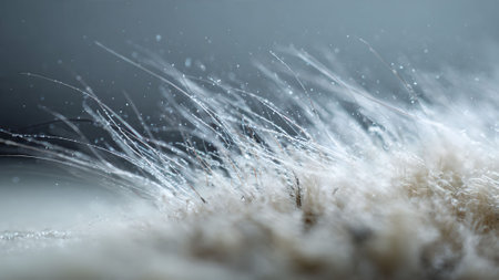 Macro shot of a soft, white feather covered in tiny water droplets, creating a beautiful and serene abstract image.の素材