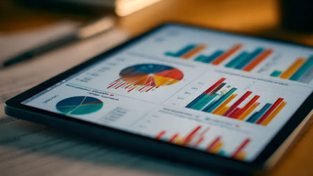 Close-up of a tablet displaying various data charts and graphs, indicating data analysis, business intelligence, and financial reporting.の素材