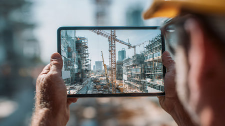 Construction worker using a tablet to inspect a construction site. Modern building project and technology concept.の素材