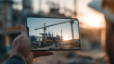 Construction worker holding phone with construction site image at sunset. Modern building industry concept.の素材