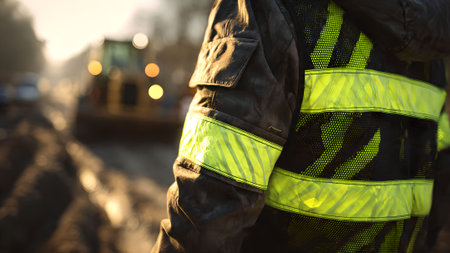 A construction worker stands near heavy machinery on a construction site, symbolizing infrastructure development and labor.の素材
