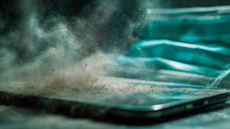 Close-up of a smartphone screen covered in dust, with a face mask in the background, suggesting hygiene concerns.の素材