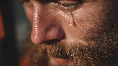 Close-up of a bearded man with a tear running down his cheek, conveying sadness and vulnerability.の素材