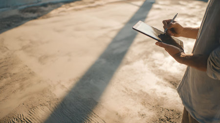 Professional engineer using a tablet on a construction site. Concept of industrial inspection and modern technology.の素材
