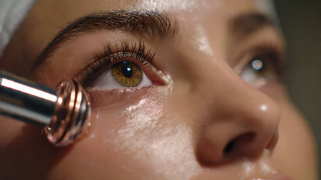 Close-up of a woman receiving a facial massage with a beauty device. Skincare and beauty treatment concept.の素材