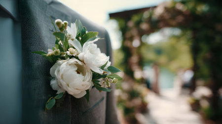 Close-up of a stylish white floral boutonniere pinned to a grey suit, perfect for a wedding or formal event.の素材