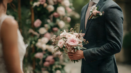 A groom in a stylish suit holds a beautiful bouquet during an elegant wedding ceremony, surrounded by floral decorations.の素材