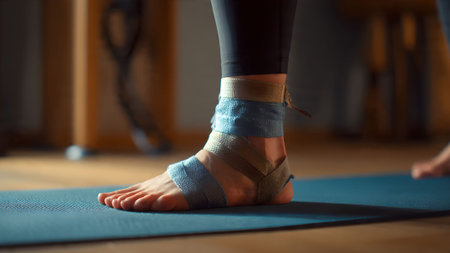 Close-up of a foot with an ankle support bandage on a yoga mat. Recovery and rehabilitation after injury.の素材