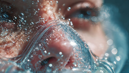 Close-up of a person's face submerged in water, surrounded by bubbles, creating a surreal and refreshing image.の素材