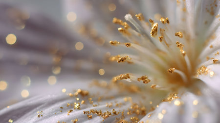 Close-up of a white flower with golden pollen. Abstract floral background with selective focus and bokeh.の素材
