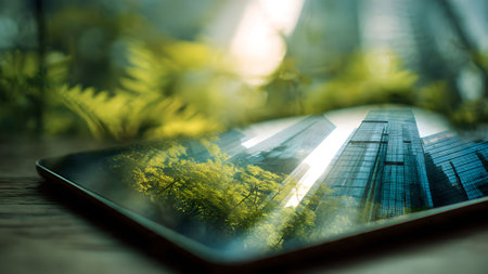 Modern cityscape displayed on a tablet screen, symbolizing green technology and sustainable urban development concepts.の素材