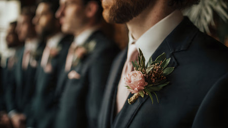 A group of groomsmen stand in a row, wearing navy suits and pink boutonnieres, creating a formal and elegant wedding scene.の素材