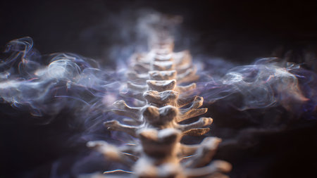 Abstract representation of the human spine enveloped in glowing ethereal energy, symbolizing health and vitality.の素材