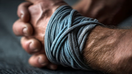 Close up of a hand with boxing wraps. Sports equipment for MMA, muay thai and kickboxing workout.の素材