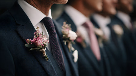 A row of groomsmen in navy suits with boutonnieres, standing together at a wedding. Selective focus on the first groomsman.の素材