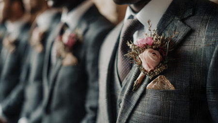 Close-up of groomsmen in stylish suits with boutonniere flowers, standing in a row at a wedding ceremony.の素材