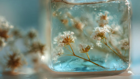 Close-up of delicate gypsophila flowers preserved in a clear resin block, creating a unique and artistic display.の素材