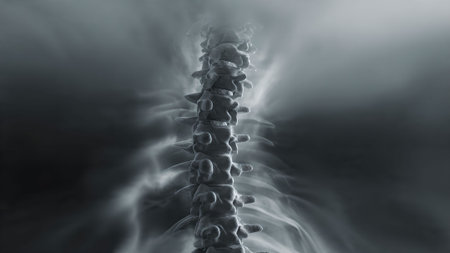 Detailed 3D rendering of human spine, highlighting skeletal anatomy and medical health concepts.の素材