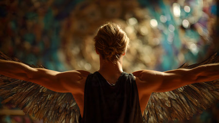 A man stands with arms outstretched, revealing large, feathered wings. Backlit against a colorful, abstract background, he embodies a sense of freedom and transformation.の素材