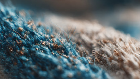 Close-up of soft blue and beige fabric texture with intricate details and visible fibers, abstract background.の素材