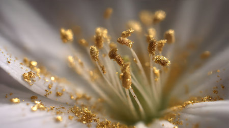 Detailed macro view of a delicate white flower adorned with vibrant, shimmering golden pollen.の素材