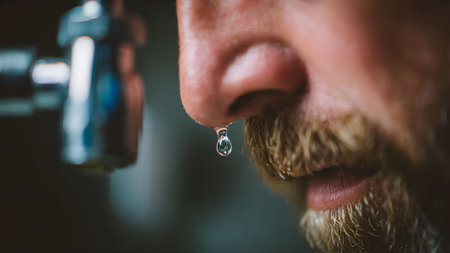 Close-up of a man's face with a runny nose, highlighting a common symptom of a cold or allergy.の素材