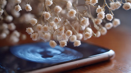 Close-up of a smartphone displaying a pregnancy ultrasound image, adorned with delicate white flowers, symbolizing new life and technology.の素材