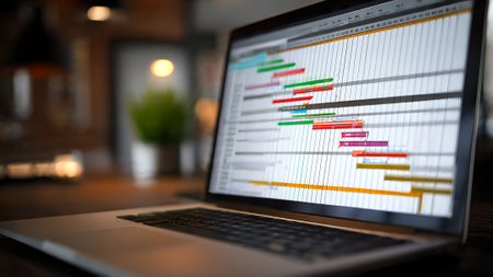 Close-up of a laptop displaying a detailed project timeline, illustrating project management and planning.の素材