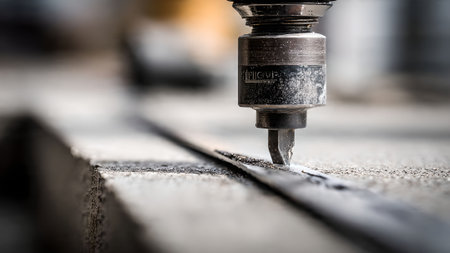 Close-up of a CNC milling machine cutting metal with precision. Industrial manufacturing and modern technology concept.の素材