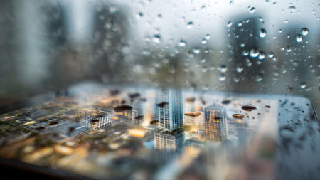 Raindrops on a tablet screen reflecting a city skyline. Urban scene with blurred background and wet surface.の素材