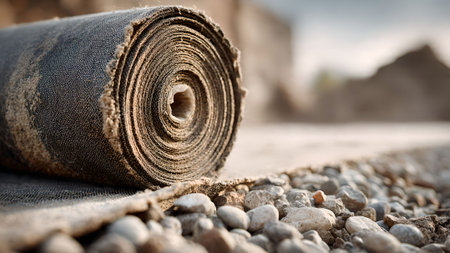 Close-up of a roll of waterproofing membrane on gravel. Construction material for building foundations and roads. Protection against moisture.の素材