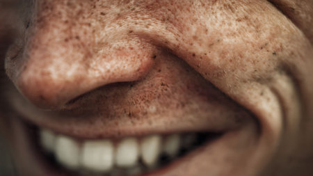Close-up of a smiling human face with freckles. Details of skin texture, nose, and teeth are visible.の素材