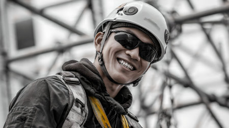 Happy construction worker wearing safety helmet and harness, smiling on a construction site. Portrait of a cheerful engineer.の素材