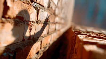 Abstract shadow of a hand on a textured brick wall. Concept of reaching out, connection, or mystery.の素材