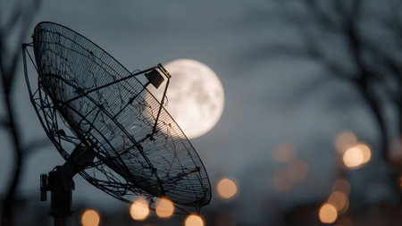 Satellite dish antenna against a night sky with a full moon. Communication technology and space exploration concept.の素材
