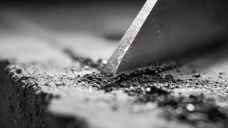 Close-up of a sharp metal blade scraping dark granular material, highlighting texture and detail in monochrome.の素材