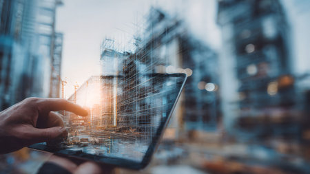 Hand touching a futuristic tablet with a digital city hologram, symbolizing smart urban development and technological innovation.の素材