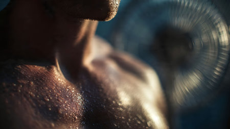 Close-up of a muscular man with sweat on his skin, cooling down with a fan after a workout. Focus on shoulder.の素材