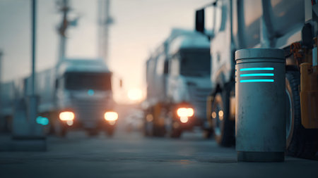 Futuristic smart device near heavy trucks at an industrial depot, symbolizing modern logistics and energy solutions.の素材