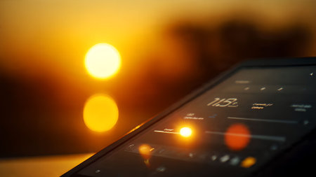 Close-up of a tablet displaying data against a vibrant sunset. Technology blends with nature's beauty, creating a modern, serene scene.の素材