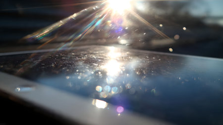 Close-up of sunlight reflecting and refracting on a tablet screen, creating a bright and colorful display of light.の素材